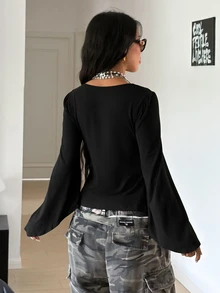 StreetHx Streetwear Women's Autumn/Winter Long Sleeve Waist Tie Adjustable Flared T-Shirt - Black - View 2