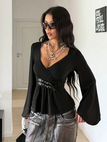 StreetHx Streetwear Women's Autumn/Winter Long Sleeve Waist Tie Adjustable Flared T-Shirt - Black - View 5