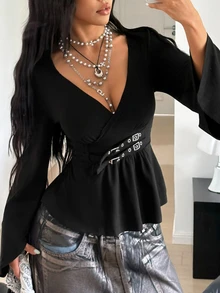 StreetHx Streetwear Women's Autumn/Winter Long Sleeve Waist Tie Adjustable Flared T-Shirt - Black - View 7