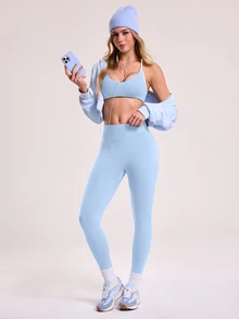 SHEIN Sovereign Charm 女士无缝高弹力运动文胸和紧身裤套装 - 藍色 - 查看 2