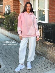 Fluxe Oversized Color Block Fleece Lined Sweatshirt Women Drop Shoulder Warm Pullover Sweatshirt Gym Workout Winter Fitness Sportswear Activewear - Pink - View 11