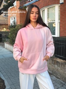 Fluxe Oversized Color Block Fleece Lined Sweatshirt Women Drop Shoulder Warm Pullover Sweatshirt Gym Workout Winter Fitness Sportswear Activewear - Pink - View 13