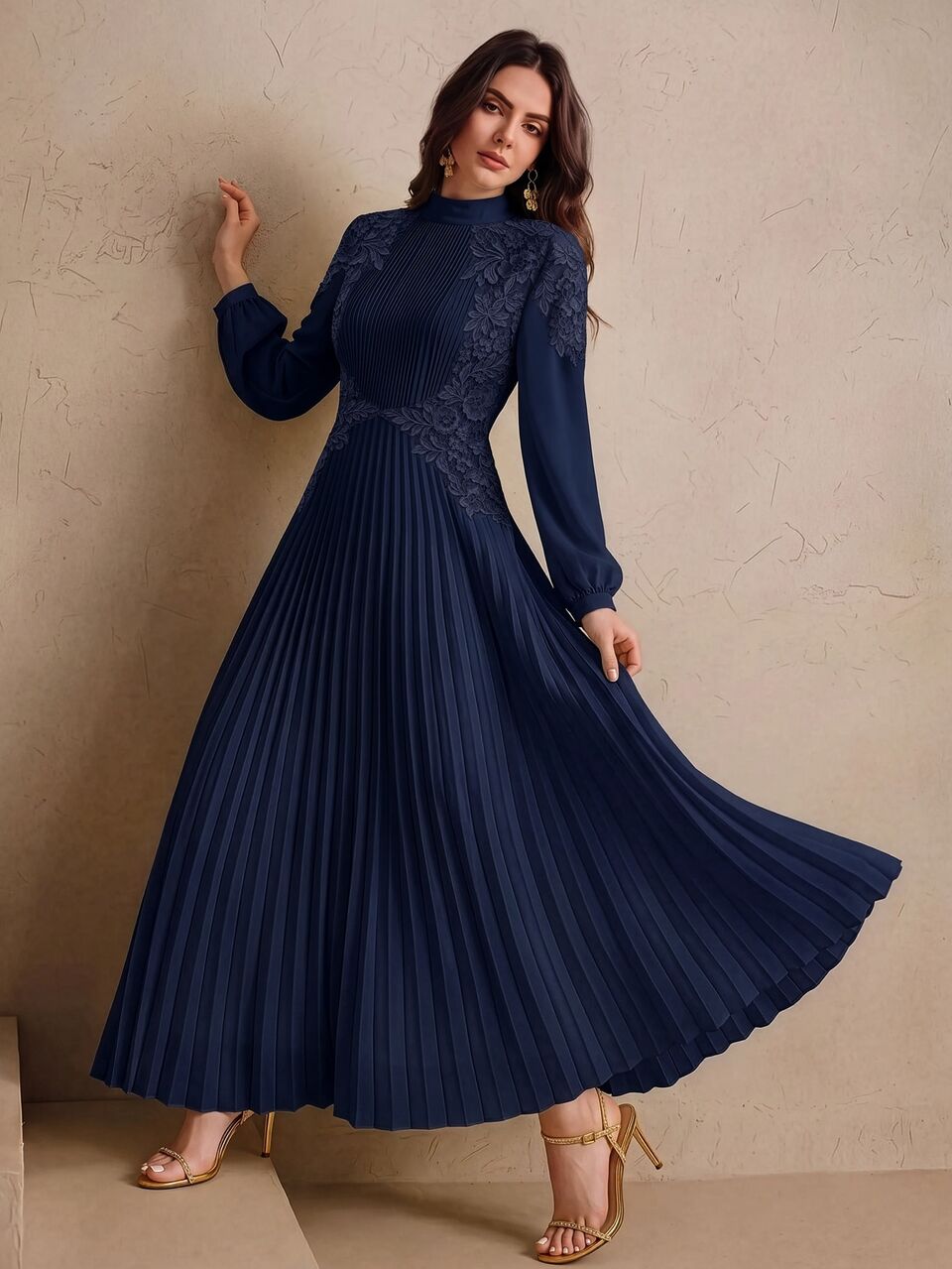 Anewsta Elegant Navy Blue A Line Long Dress With Stand Collar And Contrast Lace Detail Pleated Hem Extra-Long Bishop Sleeves