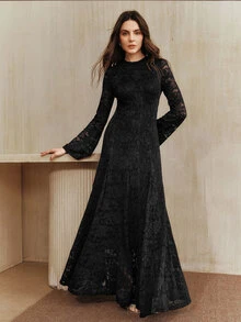 Anewsta Women's Fall/Winter Elegant Black Long Sleeve Lace Round Neck Slim Fit Long Dress For Wedding Guest Party Ceremony - Black - View 5