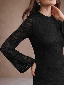 Anewsta Women's Fall/Winter Elegant Black Long Sleeve Lace Round Neck Slim Fit Long Dress For Wedding Guest Party Ceremony - Black - View 2