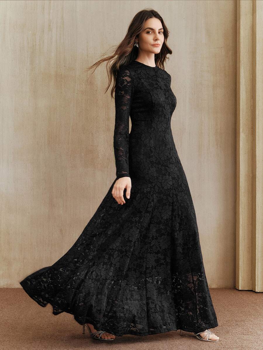 Anewsta Women's Fall/Winter Elegant Black Long Sleeve Lace Round Neck Slim Fit Long Dress For Wedding Guest Party Ceremony - Black - View 1