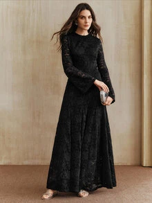 Anewsta Women's Fall/Winter Elegant Black Long Sleeve Lace Round Neck Slim Fit Long Dress For Wedding Guest Party Ceremony - Black - View 6