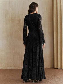 Anewsta Women's Fall/Winter Elegant Black Long Sleeve Lace Round Neck Slim Fit Long Dress For Wedding Guest Party Ceremony - Black - View 7