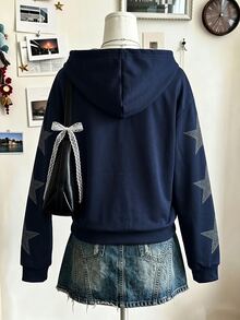 Teen Girls Navy Blue Five-Point Star Pattern Zip-Up Sweatshirt, Street Cool Girl Style Loose Y2K Aesthetic Drop Shoulder Sweatshirt Jacket - Multicolor - View 2