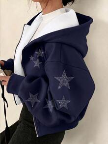 Teen Girls Navy Blue Five-Point Star Pattern Zip-Up Sweatshirt, Street Cool Girl Style Loose Y2K Aesthetic Drop Shoulder Sweatshirt Jacket - Multicolor - View 1