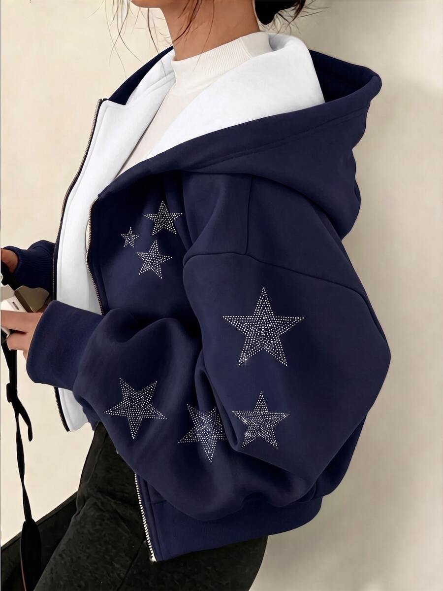 Teen Girls Navy Blue Five-Point Star Pattern Zip-Up Sweatshirt, Street Cool Girl Style Loose Y2K Aesthetic Drop Shoulder Sweatshirt Jacket - Multicolor - View 1