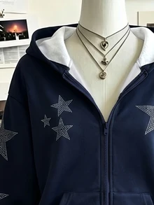 Teen Girls Navy Blue Five-Point Star Pattern Zip-Up Sweatshirt, Street Cool Girl Style Loose Y2K Aesthetic Drop Shoulder Sweatshirt Jacket - Multicolor - View 4