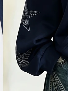 Teen Girls Navy Blue Five-Point Star Pattern Zip-Up Sweatshirt, Street Cool Girl Style Loose Y2K Aesthetic Drop Shoulder Sweatshirt Jacket - Multicolor - View 5