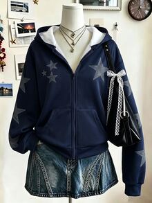 Teen Girls Navy Blue Five-Point Star Pattern Zip-Up Sweatshirt, Street Cool Girl Style Loose Y2K Aesthetic Drop Shoulder Sweatshirt Jacket - Multicolor - View 3