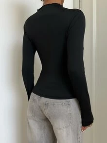 Aloruh Kaos Slim Fit dengan Detail Renda Transparan Kontras, Atasan Leher Kerah Renda Hitam - Serbaguna dan Kasual. Atasan Modis, Atasan Kerja untuk Wanita, untuk Acara Keluar Rumah - Hitam - View 2