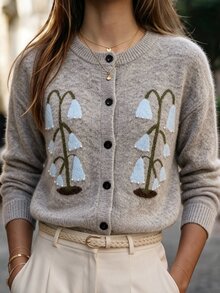 Velvienne Plus Size Korean Style Jacquard Button Long Sleeve Knit Cardigan - Multicolor - View 4