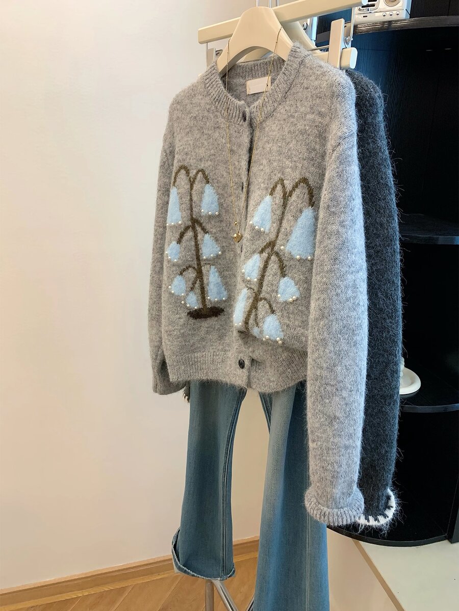 Velvienne Plus Size Korean Style Jacquard Button Long Sleeve Knit Cardigan - Multicolor - View 1