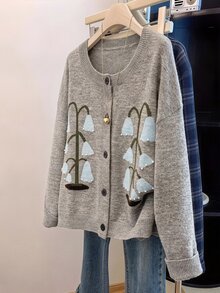 Velvienne Plus Size Korean Style Jacquard Button Long Sleeve Knit Cardigan - Multicolor - View 7