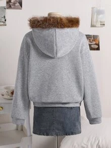 SHEIN 秋冬女款連帽拉鍊夾克外套，街頭風休閒混搭，保暖針織面料，微寬鬆版型，Y2K灰色，秋季服飾 - 彩色 - 查看 2