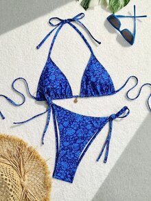 SHEIN Swim 夏季海灘女性假期花卉印花頸繩比基尼套裝，印花隨機配送 - 彩色 - 查看 5