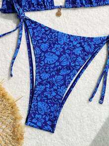 SHEIN Swim 夏季海灘女性假期花卉印花頸繩比基尼套裝，印花隨機配送 - 彩色 - 查看 4