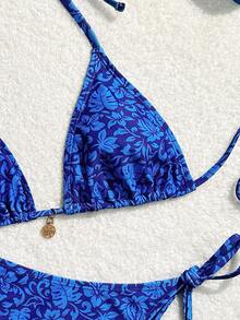 SHEIN Swim 夏季海灘女性假期花卉印花頸繩比基尼套裝，印花隨機配送 - 彩色 - 查看 3