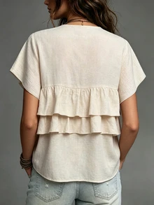 Glimmora Vacation Bohemian Style Double Layer Ruffle Hem Textured V-Neck Flutter Sleeve Blouse - Khaki - View 2