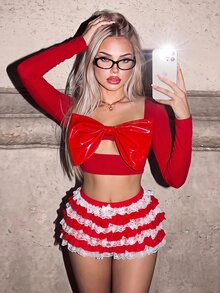SHEIN ICON Valentine's Day Dating Valentines Clothes Spring Summer Shiny PU Leather Big Bow Decor Long Sleeve Fitted T-Shirt - Red - View 1