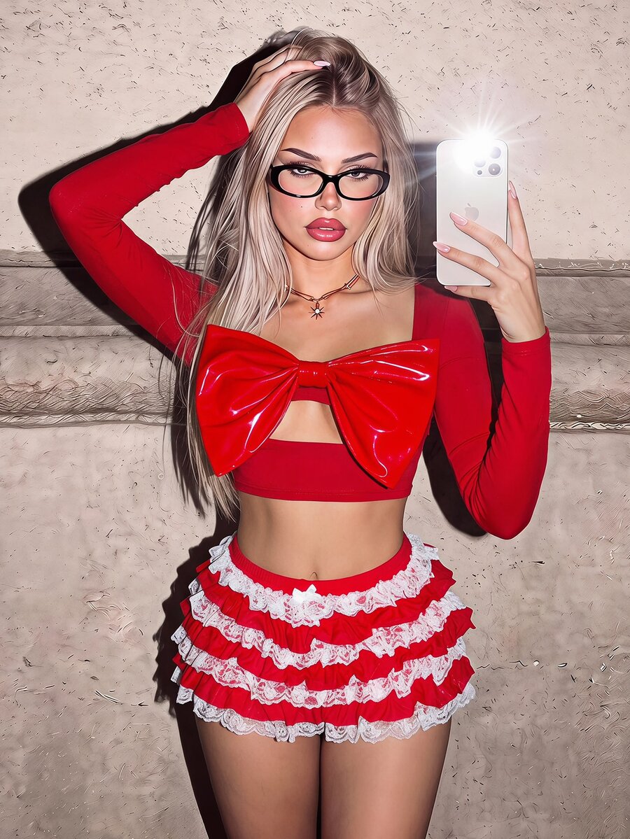 SHEIN ICON Valentine's Day Dating Valentines Clothes Spring Summer Shiny PU Leather Big Bow Decor Long Sleeve Fitted T-Shirt - Red - View 1