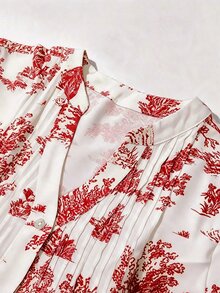 OPHERINE 女款時尚休閒波西米亞優雅浪漫度假風花卉印花前開扣洋裝，白色花卉，適合早午餐與秋季 - 紅色 - 查看 3