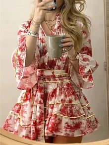 OPHERINE 女款時尚休閒波西米亞優雅浪漫度假風花卉印花前開扣洋裝，白色花卉，適合早午餐與秋季 - 紅色 - 查看 5