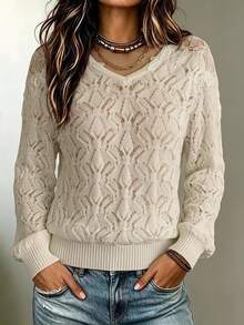 Balvessa Women's Versatile Soft Style Long Sleeve Hollow Out Sweater For Vacation - Apricot - View 1