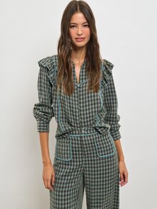 Nöista 兩件套裝，綠色格紋荷葉肩襯衫配藍色飾邊，休閒上班女裝，適合辦公穿搭與休閒晚餐，秋冬款 - 彩色 - 查看 4