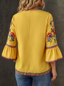 Linhara CURVE 女款大尺碼波希米亞風黃色花卉印花喇叭袖上衣，適合休閒、通勤、海灘、旅行、野餐，秋季穿搭 - 黃色 - 查看 2
