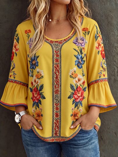 Linhara CURVE Women's Plus Size Bohemian Style Yellow Floral Print Flare Sleeve Blouse, Suitable For Casual, Commute, Beach, Travel, Picnic Fall