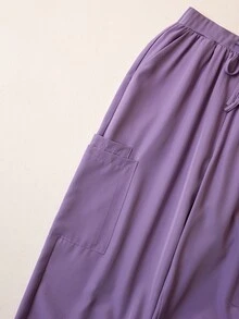 TaskEZ Blue Small Stand Collar Short Sleeve Round Hem Pullover Top With Multiple Pockets And Cuffed Pants, Sporty 2 Pieces Scrub Set Work Autumn Maid - Purple - View 7