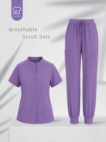 TaskEZ Blue Small Stand Collar Short Sleeve Round Hem Pullover Top With Multiple Pockets And Cuffed Pants, Sporty 2 Pieces Scrub Set Work Autumn Maid - Purple - View 3