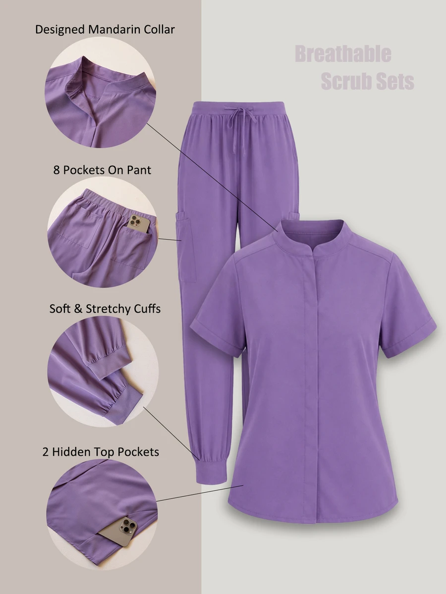 TaskEZ Blue Small Stand Collar Short Sleeve Round Hem Pullover Top With Multiple Pockets And Cuffed Pants, Sporty 2 Pieces Scrub Set Work Autumn Maid - Purple - View 1