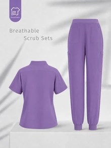 TaskEZ Blue Small Stand Collar Short Sleeve Round Hem Pullover Top With Multiple Pockets And Cuffed Pants, Sporty 2 Pieces Scrub Set Work Autumn Maid - Purple - View 2