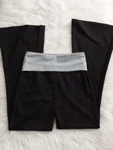 SHEIN 1件女款青少年黑色運動休閒舒適時尚多件套長褲，個性化腰部設計，喇叭褲腳剪裁，適合室內/戶外、派對、運動、旅行、學校、通勤及任何場合，春夏秋冬必備長褲 - 黑色 - 查看 2