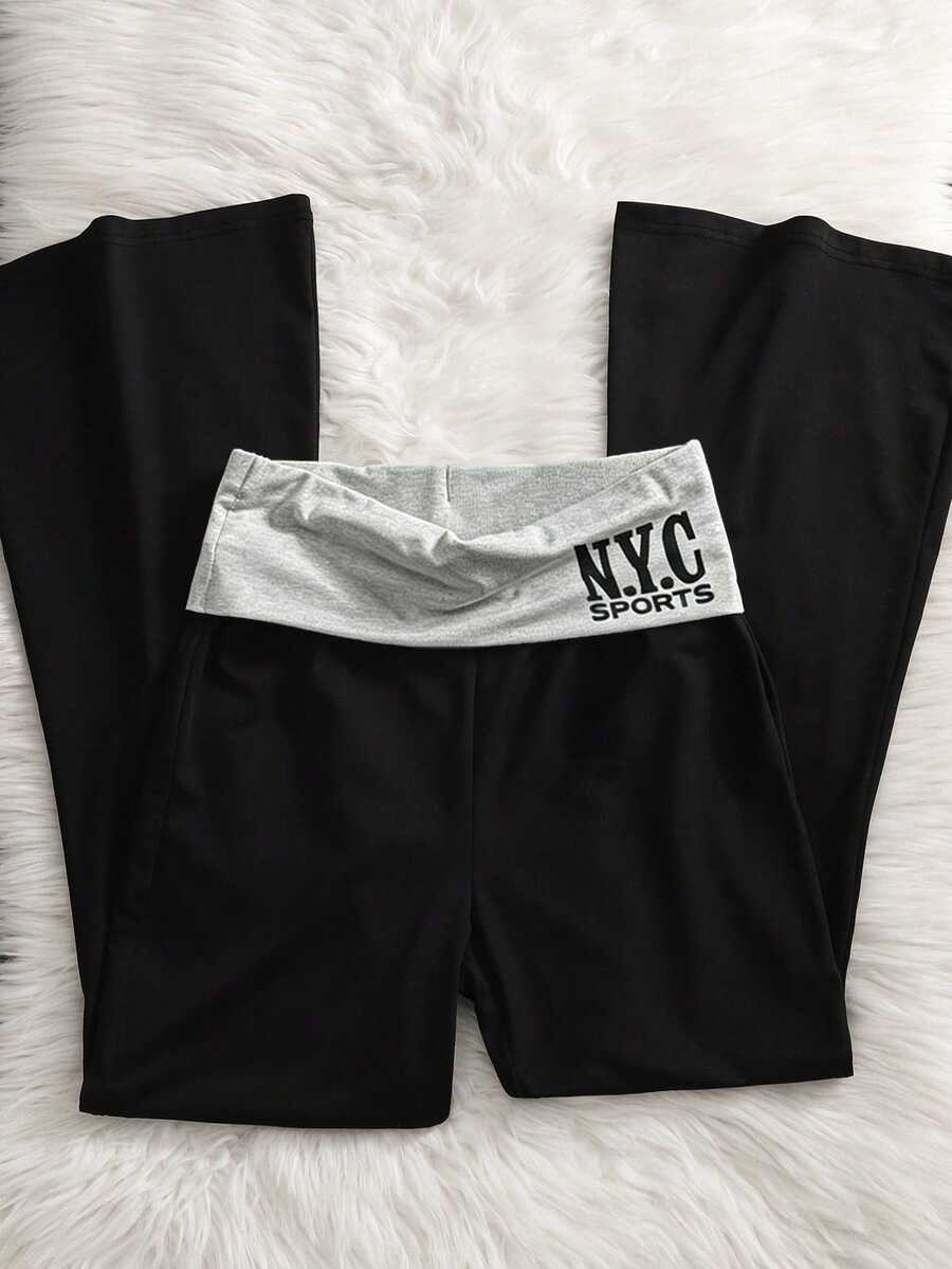 SHEIN 1件女款青少年黑色運動休閒舒適時尚多件套長褲,個性化腰部設計,喇叭褲腳剪裁,適合室內/戶外、派對、運動、旅行、學校、通勤及任何場合,春夏秋冬必備長褲 - 黑色 - 查看 1