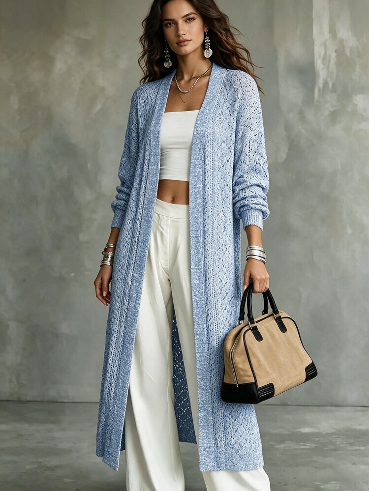 SHEIN LUNE Solid Color Hollow Out Knit Long Cardigan Sweater,Long Sleeve Tops Fall Winter Cloth For Women - Blue - View 3