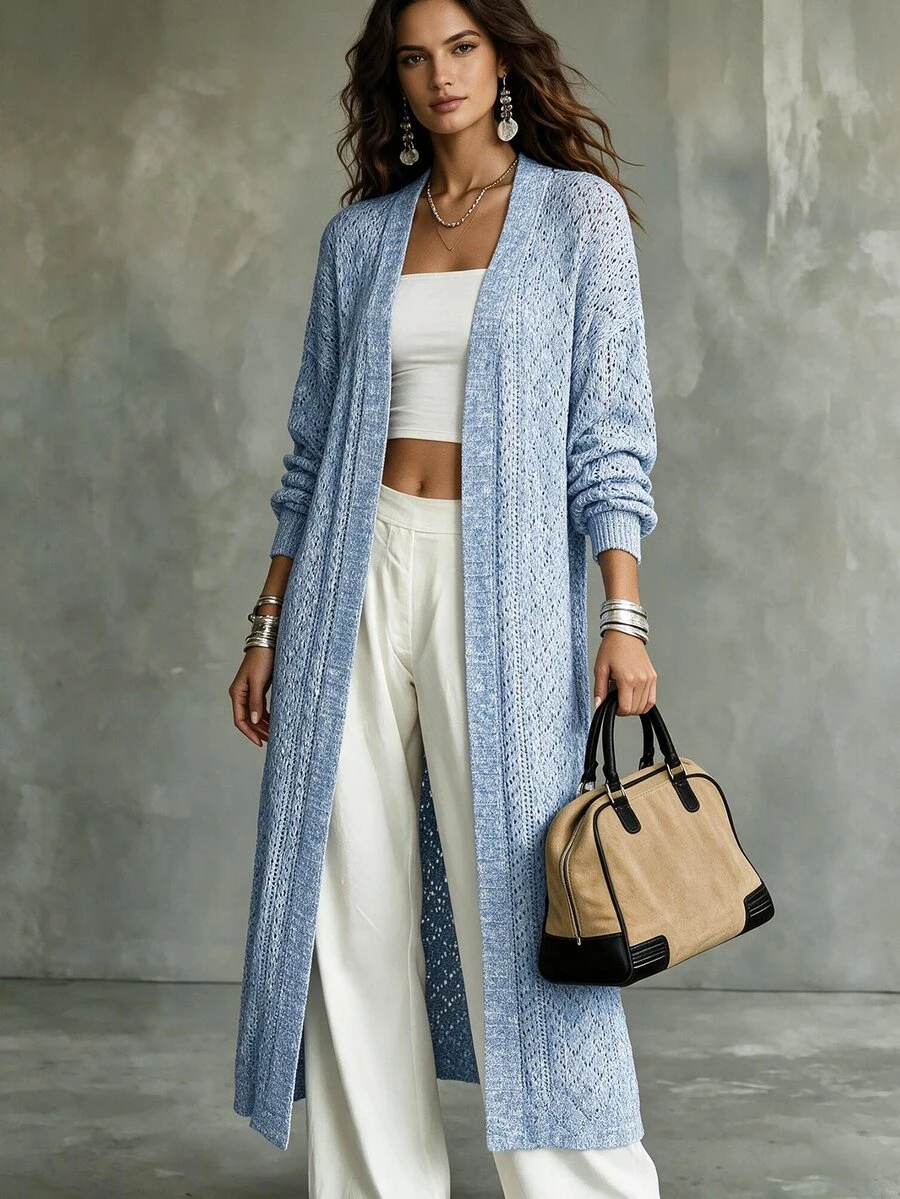 SHEIN LUNE Solid Color Hollow Out Knit Long Cardigan Sweater,Long Sleeve Tops Fall Winter Cloth For Women - Blue - View 1