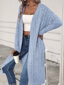 SHEIN LUNE Solid Color Hollow Out Knit Long Cardigan Sweater,Long Sleeve Tops Fall Winter Cloth For Women - Blue - View 4