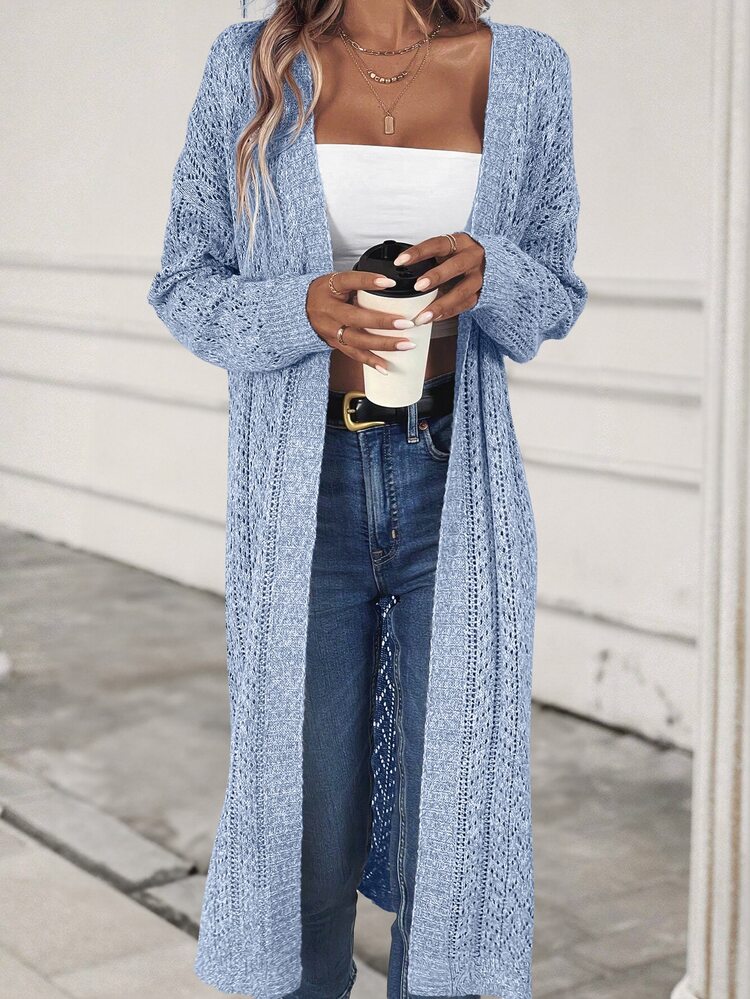 SHEIN LUNE Solid Color Hollow Out Knit Long Cardigan Sweater,Long Sleeve Tops Fall Winter Cloth For Women - Blue - View 6