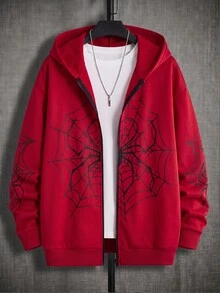 Mainfolk Hoodie Pria Motif Jaring Laba-laba, Bahan Fleece, Pullover Streetwear Ukuran Besar, Kaos Leher Bulat, Patchwork Halloween Kampus Musim Gugur Merah dan Hitam - Merah - View 2
