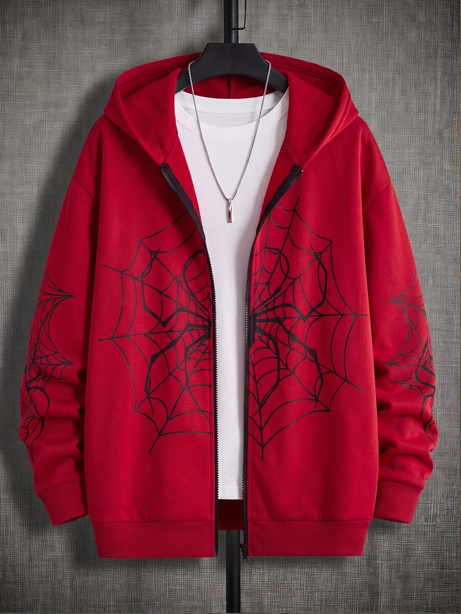 Mainfolk Hoodie Pria Motif Jaring Laba-laba, Bahan Fleece, Pullover Streetwear Ukuran Besar, Kaos Leher Bulat, Patchwork Halloween Kampus Musim Gugur Merah dan Hitam
