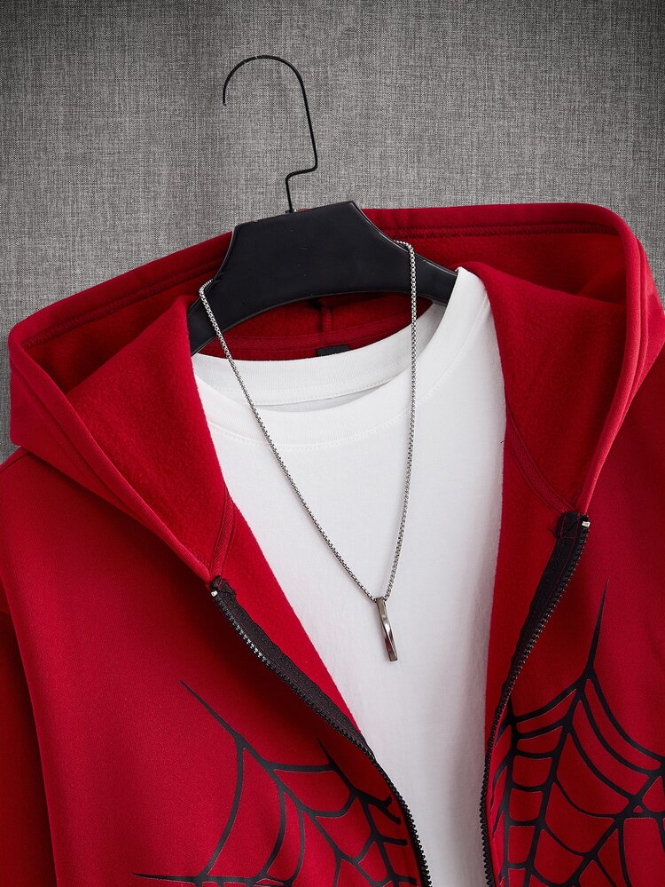 Mainfolk Men's Spider Web Print Zip Up Hoodie, Fleece, Oversized Streetwear Pullover, Crew Neck T-Shirt, Patchwork Halloween College Autumn Red And Black - Red - View 4