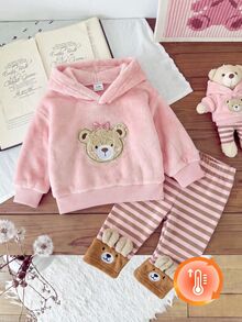 SHEIN Playful Pals 2件組幼女連帽上衣+長褲套裝，可愛甜美粉色熊貼布繡蝴蝶結條紋耳朵長袖連帽絨毛羊羔絨冬秋假日款 - 粉色 - 查看 3