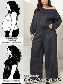 Comfylo Set Sweatshirt Bahu Asimetris Ukuran Plus dan Celana Panjang Lebar dengan Jahitan Depan - Hitam - View 1